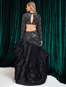 Women's Round Neck Long Sleeve Waist Hollow Out Sequin Patchwork Ruffle Hem Asymmetrical Hem Party Evening Dress - Black - View 8