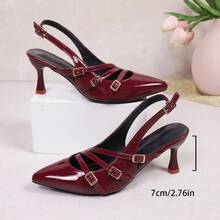Spring & Autumn Fashion Plus Size Pointed Toe Shiny Patent Leather Vintage 3-Strap Buckle Solid Color Slip-On Elastic Band Metal Buckle Easy To Wear Daily, Party, Wedding, Office Wear, Ankle Strap, Stiletto Heel Elegant Red Ladies Pumps,Burgundy Heels