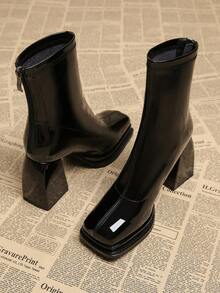 Giày bốt cao gót đế dày kiểu dáng châu Âu & Mỹ mới dành cho nữ mùa thu 2025, bốt cổ ngắn mũi vuông thời trang cho hộp đêm, bốt cổ ngắn cho mùa thu/đông. - màu đen - Xem 3