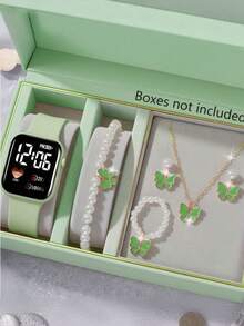 6/1 件/套女孩时尚优雅的 LED 心形数字电子手表和蝴蝶珠宝手链、项链、戒指、耳环套装，适合女孩佩戴，适合学生，适合学校、聚会和旅行等日常生活，非常适合赠送朋友、生日礼物、返校季、毕业季、圣诞节，是送给女孩的完美礼物