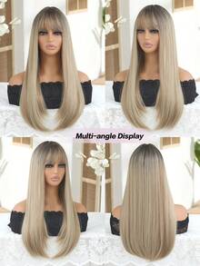 24 Inches Long Straight Hair Blonde Wig With Neat Bangs Layered Wigs Silky Smooth Straight Go-To Everyday Look Editor's Pick High-Fashion Statement Piece Party Wigs Cosplay Wigs Heat-Resistant Synthetic Fiber Suitable For Festival And Cosplay Wigs For Women Hairstyle Christmas Wig - 漸變金色 - 查看 5