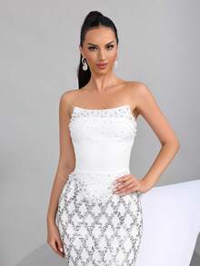 Đầm maxi ôm sát gợi cảm, hở vai, không tay, phối lưới xuyên thấu, đính hạt cườm thủ công sang trọng, thích hợp cho khách dự đám cưới, phù dâu, tiệc trang trọng, tiệc lễ hội. - trắng - Xem 8