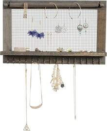 Canwedance Rustic Wood Jewelry Organizer Wooden Wall Mounted Jewelry Holder With Shelf,16 Hooks And 1 Pole,Display Earrings,, Bracelets, And Many Other Accessories (Rock Gray)2025 - Rock Gray - View 11