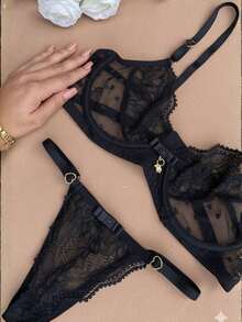 Roberta Heart Lace And Tulle Bra And Panty Set (No Padding). - Black - View 2