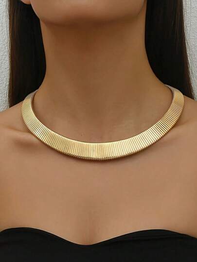 1 Pc Women's Bold Simple Geometric Pattern Choker Necklace - Gold Metal Textured Horizontal Strips, Suitable For Daily And Party Wear, Versatile Jewelry, All-Year Neutral Accessory, Elegant Style, Gold Tone