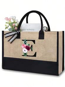 Juego de bolsas de lona con iniciales florales negras de la A a la Z, incluye bolsa de almacenamiento de maquillaje, bolsa de regalo personalizada, adecuada para boda, cumpleaños, playa, vacaciones, escuela, es un gran regalo para mujeres, mamá, maestros, amigos, damas de honor, estudiantes, bolsa grande, artículos de primera necesidad, regalos perfectos para vacaciones, cumpleaños, Acción de Gracias, Pascua, Navidad