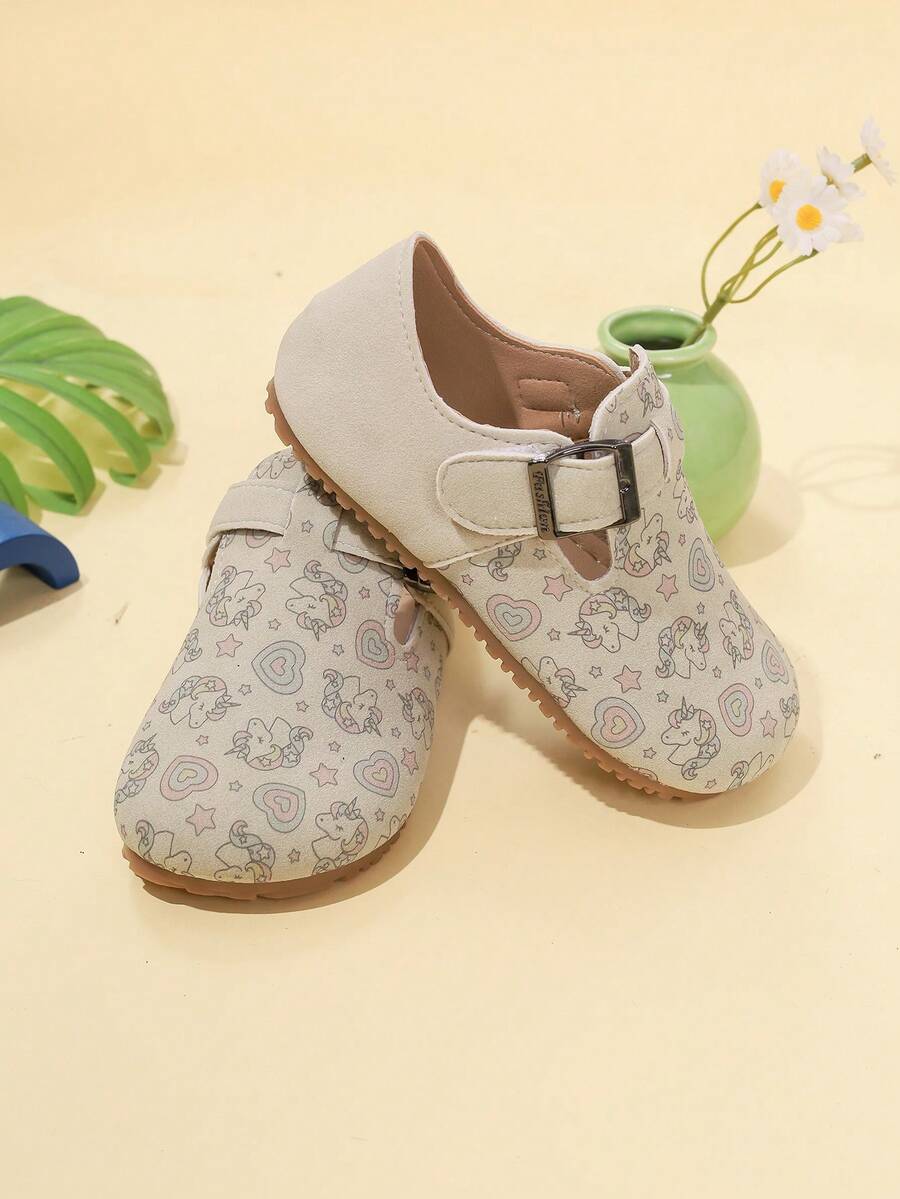 Kids Cartoon Print Graffiti Leather Shoes, Closed Toe Casual Slip-On Shoes, Spring 2025 New Arrival, Unisex - Beige - View 1