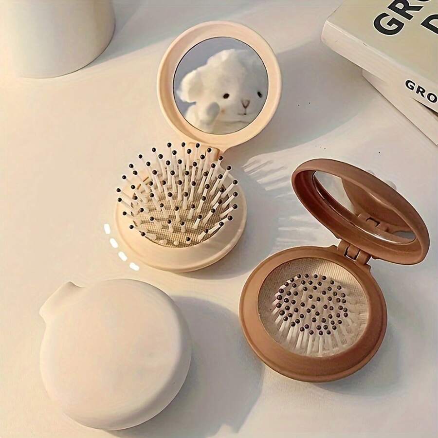 Cute Small Comb Compact Portable Mini Cushion Comb For Women Foldable Airbag Comb Massage Comb With Mirror - 咖啡 - 查看 1