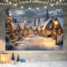Cenário de Tema de Aldeia Nevada de Natal, Casas Cobertas de Neve, Árvores de Natal, Design de Postes de Iluminação, Ideal para Fundos de Festa de Natal, Adereços de Estúdio de Fotografia de Retrato, Material de Vinil