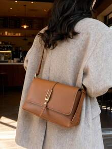 Fashionable Casual Solid Color Square Flap Bag, Suitable For University/College Classroom, Commuting, Work, Office, Festivals, Vacations, Holidays, Parties, Travel And Other Occasions, Suitable For Women, Career Starters, White-Collar Workers, Teenagers, College Students, Young Girls. - Brown - View 2