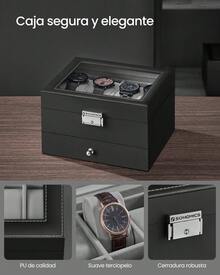 SONGMICS Caja de Relojes de 2 Niveles, Estuche para 8 Relojes, Tapa de Cristal, con Cerradura, Cuero Sintético Negro y Forro Gris - Negro - Ver 3
