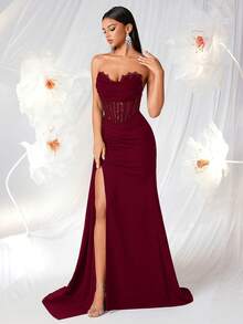 ADYCE Elegant V-Neck Sheer Lace Mermaid High Waist Belted High Slit Backless Floor-Length Evening Gown, Suitable For Wedding Guest, Party, Prom, Date Night, Formal Dinner, Christmas Party And Other Occasions - Burgundy - View 9