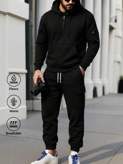 男士休闲户外运动保暖连帽衫和工装裤套装，秋冬季