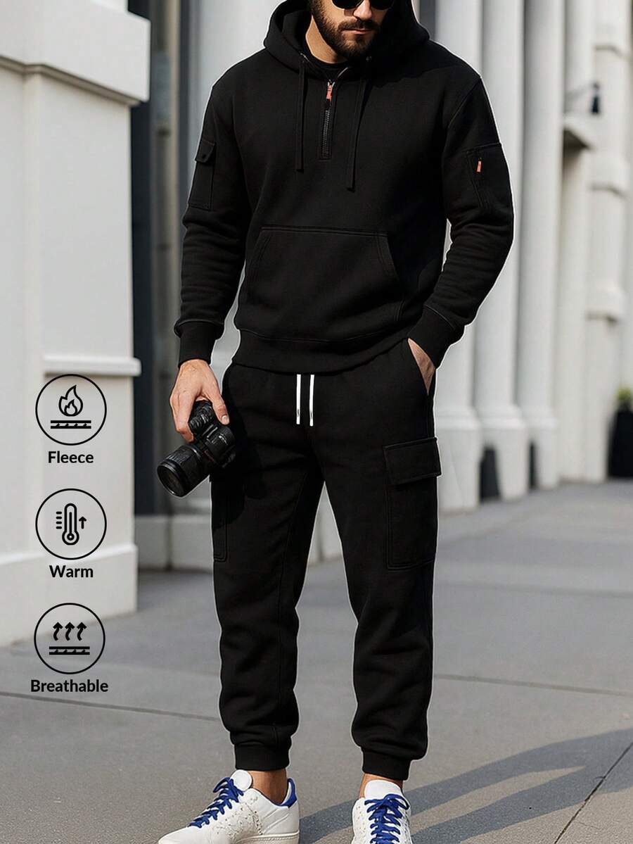 Bộ quần áo hoodie lót giữ nhiệt thể thao ngoài trời thường ngày cho nam, Thu/Đông - màu đen - Xem 1