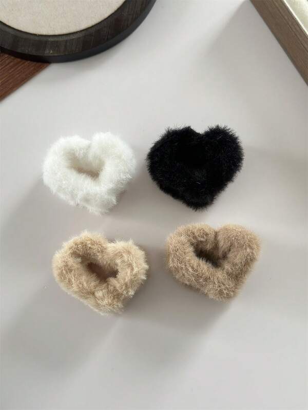 4 piezas Clips de pelo pequeños con forma de corazón de peluche, estilo romántico y lindo, adecuados para coleta, peinado de princesa, accesorios de cabello para uso diario, elegantes y lindos