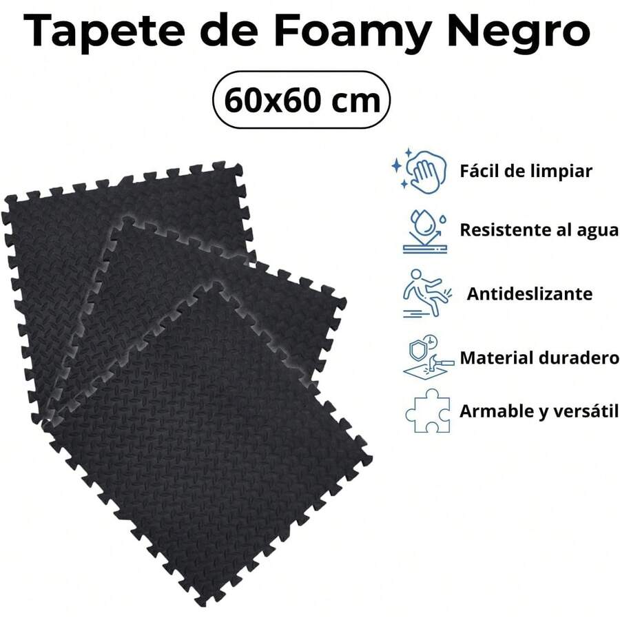 Tapete Foamy para Ejercicio con Forma de Rompecabezas, 4 o 8 Pzs 60x60 Tapete para Gimnasio, Crossfit o Pesas, Antideslizate, Resistente y Duradero, 1 cm de Grosor. - Negro - Ver 1