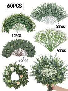 60Pcs 4 Kinds Babys Breath Mixed Eucalyptus Leaves Artificial Flowers For Wedding Vase Bouquet Floral Arrangement Decor Gifts Birthday Graduation, Eucalyptus Stem Artificial Eucalyptus Leaf Stem, Eucalyptus Stem Decoration Fake Green Stem Green Decoration Artificial Flower Bulk For Home And Office Use Artificial Flower Bouquet Center Piece Wedding Decoration Christmas Decoration