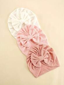 3 件装婴儿弹力针织提花发带帽，带蝴蝶结的婴儿头饰，新生儿针织帽，四季皆宜 - 彩色 - 查看 17