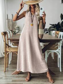 Simple Long Sleeveless V-Neck Dress With Vest, Retro Summer Sleeveless Loose Dresses - Baby Pink - View 3