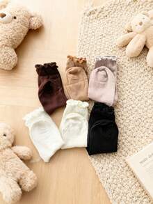 6 双女士多色荷叶边袖口中高筒袜，春夏秋季，中筒，百搭，时尚，简约，纯色舒适 - 彩色 - 查看 3