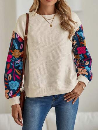 Women's Fashionable & Elegant Patchwork Grapefruit Print Long Sleeve T-Shirt, Textured Fabric, Casual, Holiday, Party Wear, Spring/Autumn