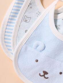 3pcs Baby Bibs With Bear Embroidery And 3D Ears, Soft Fabric, Suitable For 0-12 Months Infants - Blue - View 2