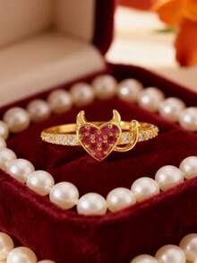 1pc Personalized Angel Devil Heart Eternal Wedding Ring, Copper Material Luxury Inlaid Red Synthetic Cubic Zirconia, Luxury Adult Jewelry, Mother's Day Gift, Halloween, Easter, Anniversary Birthday Gift