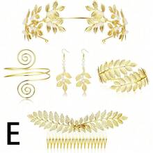 4-16件复古希腊女神串珠套装，极简波西米亚朋克希腊手链，上臂袖口可调节手链套装。套装包含女士金色月桂叶皇冠头饰、上臂环状手链、珍珠叶形吊坠耳环、仿珍珠耳环、项链，以及新娘婚纱。 - 金黃色 - 查看 2