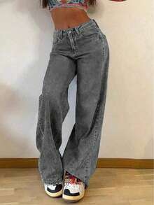 Vintage Loose Washed Straight-Leg Jeans For Teen Girls - Grey - View 3