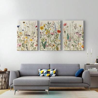 3pcs Vibrant Floral Canvas Wall Art Set - Watercolor Modern Botanical Prints, Colorful Wildflower Posters, Multi-Size Options- Perfect Housewarming Gift For Bathroom, Living Room, Bedroom, Office, And Kitchen Decor, Unframed