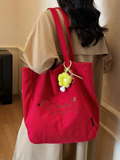 Large Capacity Casual Commuter Tote Bag, Embroidered Dachshund Dog Christmas Red Corduroy Canvas Bag, Niche Versatile Student School Shoulder Tote, Zipper Closure, Multiple Colors Available, Comes With Pendant, Suitable For Students, Commuting, Shopping, Leisure Outings, Work And Daily Use, Ideal Choice For Autumn/Winter Season And Gifts