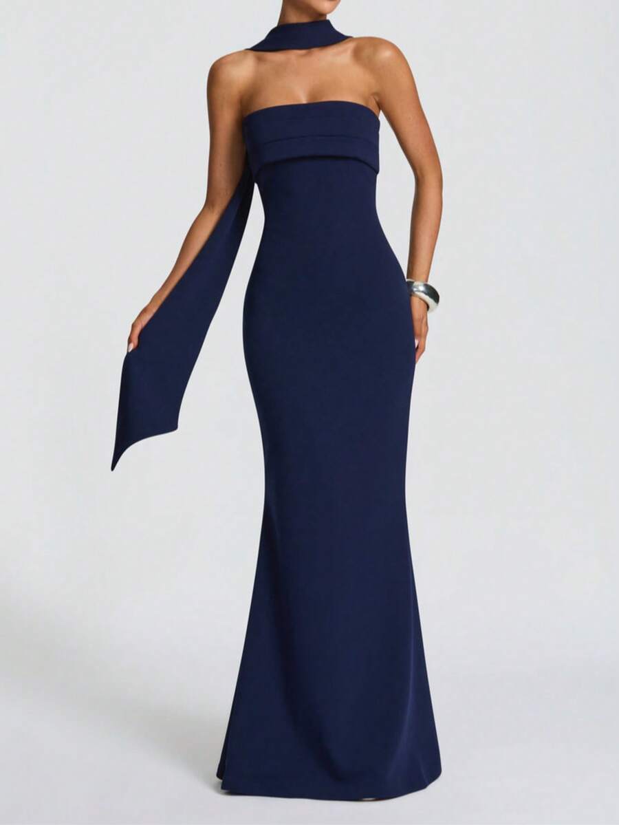 UNITHORSE Solid Color Elegant Asymmetric/Asymmetrical Zipper Ruffle Formal Evening Gown - Navy Blue - View 1