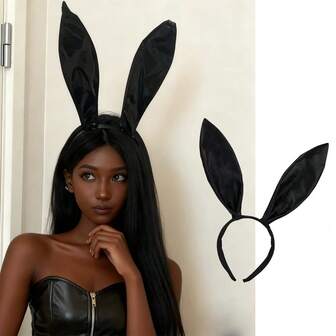 1个女士黑色长款兔耳发箍，甜美可爱的兔子造型发夹，卡通造型发箍，适合复活节、万圣节、圣诞节派对等场合，可作发饰。