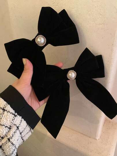 2pcs/1pc Women Black Velvet High-Quality Short/Long 6.29in/7.48in Pearl Velvet Bow Hair Clips, Simple Elegant Princess Retro Palace Style Casual Street Minimalist, Suitable For Daily Hairstyle Decoration, Makeup, Commute, Vacation, School, Party, Holiday Gift