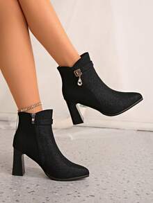 2025 Autumn/Winter Women's New High Heel Short Boots, Thick Heel Pointed Toe Slim Ankle Bootsn Bootnd - Black - View 4