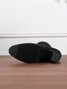 粗跟休闲靴圆头绒面革修身高筒靴女式，新款秋冬中筒马靴，带毛皮 - 黑色 - 查看 6