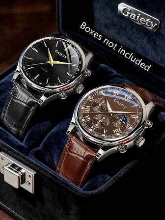 2Pcs Men's PU Leather Strap Fashionable Casual Classic Business Three Eye Roman Letter Dial Quartz Watch For Daily Wear Or Holiday Gifts