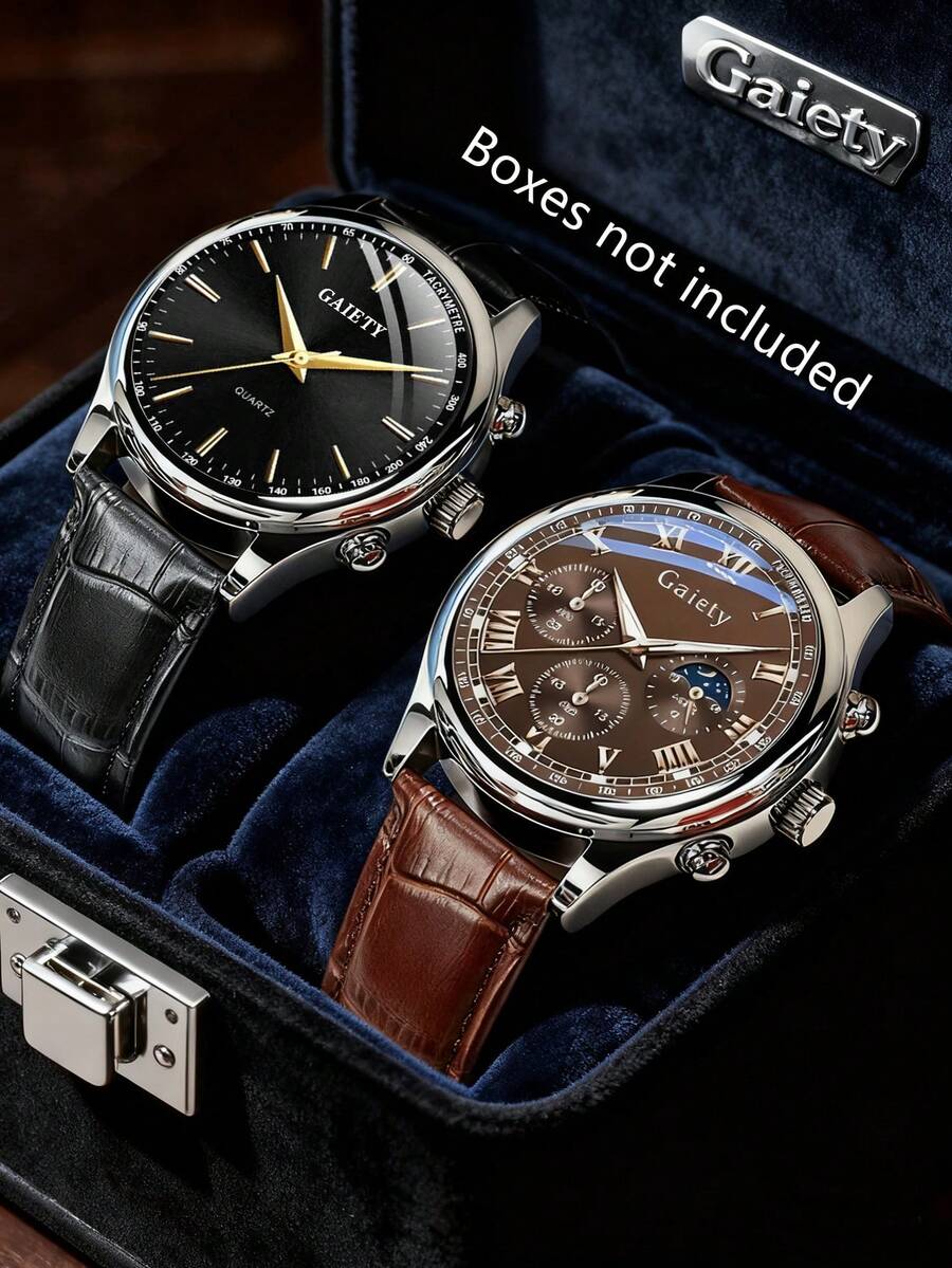 2 st. herrklocka i PU-läder med rem, moderiktig, avslappnad, klassisk affärsklocka med tre ögon och romerska siffror, lämplig för vardagsbruk eller högtidsgåvor - Multifärgad - Visa 1