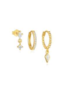 SereneSpark 3 chiếc khuyên tai bạc Sterling 925 đính kim cương dành cho nữ, khuyên tai dạng vòng, khuyên tai tối giản, thích hợp cho ngày kỷ niệm, trang sức cao cấp cho ngày kỷ niệm - Nhiều màu - Xem 21
