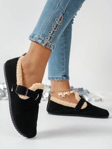 Women's Flat Plush Slip-On Shoes, Soft & Comfortable Round Toe Casual Flats, Lightweight Daily Shoes, Suitable For Halloween, Mother's Day, Autumn/Winter Warm New Styles,Fur Shoes - Black Cloth - View 4