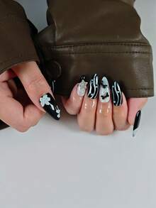 10 Pcs Handcrafted Acrylic Press On Nails, Nails Supplies, Almond Nails, Press On Nails Medium, White Nails Black Nails, Christmas Nails, Y2k Nails, Cute Nails, French Tip Nails, Nail Gems, Fall Press On Nails, Party, Bowknot, Pearl Decoration, Hand Painted, Floral, Heart Shape, Fake Nails, Nail Stuff, Gelx, Uv Light Nails, Nail Art Tool, For Women & Girl