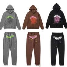 Sp5der 555555 Spider Web Foamed Printed Pure Cotton Hooded Sweatshirt Casual Long Pants Set For Autumn And Winter Men And Women - màu nâu - Xem 4