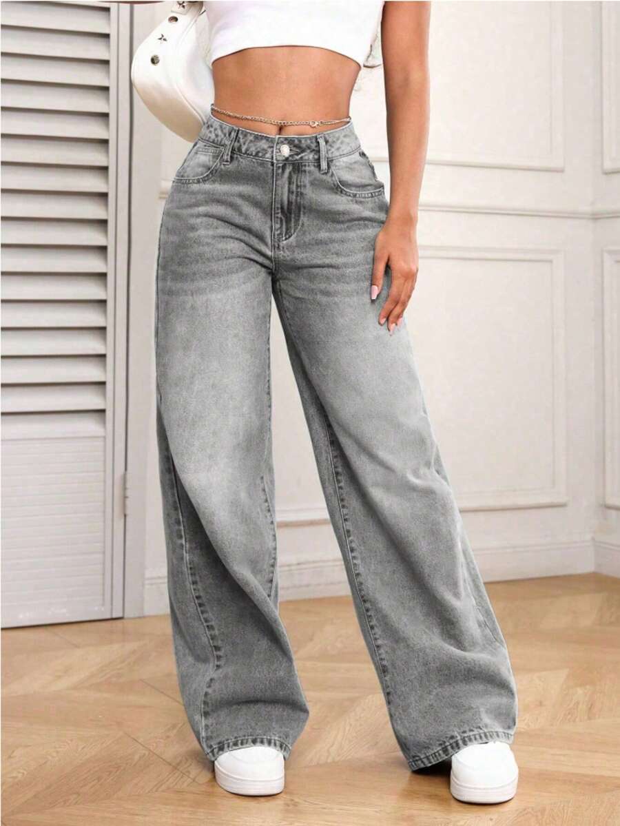 Teens' Casual Straight Loose Fit Jeans - Grey - View 1