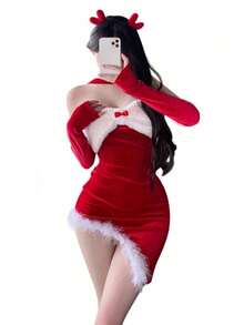 3件装毛绒边饰兔子服装，含手套和项链，圣诞节 - 紅色 - 查看 10