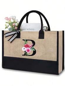 Juego de bolsas de lona con iniciales florales negras de la A a la Z, incluye bolsa de almacenamiento de maquillaje, bolsa de regalo personalizada, adecuada para boda, cumpleaños, playa, vacaciones, escuela, es un gran regalo para mujeres, mamá, maestros, amigos, damas de honor, estudiantes, bolsa grande, artículos de primera necesidad, regalos perfectos para vacaciones, cumpleaños, Acción de Gracias, Pascua, Navidad