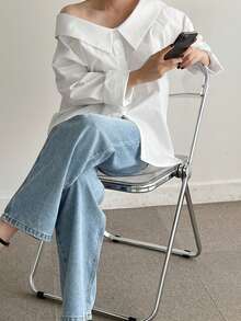 Unique Design Off-Shoulder Exposed Collar Long Sleeve Shirt, Reversible - White - View 3