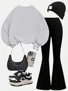 2pcs Set Teen Girl Sweet Cherry Print Sweatshirt Set, Soft & Comfortable, Spring & Autumn Daily Casual Wear - Grey - View 3