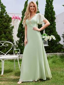 EVERPRETTY Spring Elegant V-Neck Ruffle Sleeve Sage Green Bridesmaid Long Dress, Wedding Guest Formal Gown