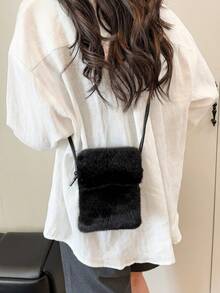 New Fashionable Plush Phone Bag, Casual Versatile Shoulder Bag, Unique Cute Girl Style Plush Flap Long Bag, Autumn/Winter - Multicolor - View 10