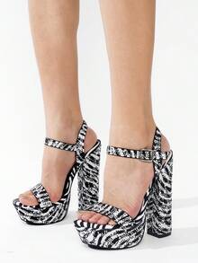 Rosss Rhinestone Ankle Buckle Wrap Platform Heels - Đen và trắng - Xem 8